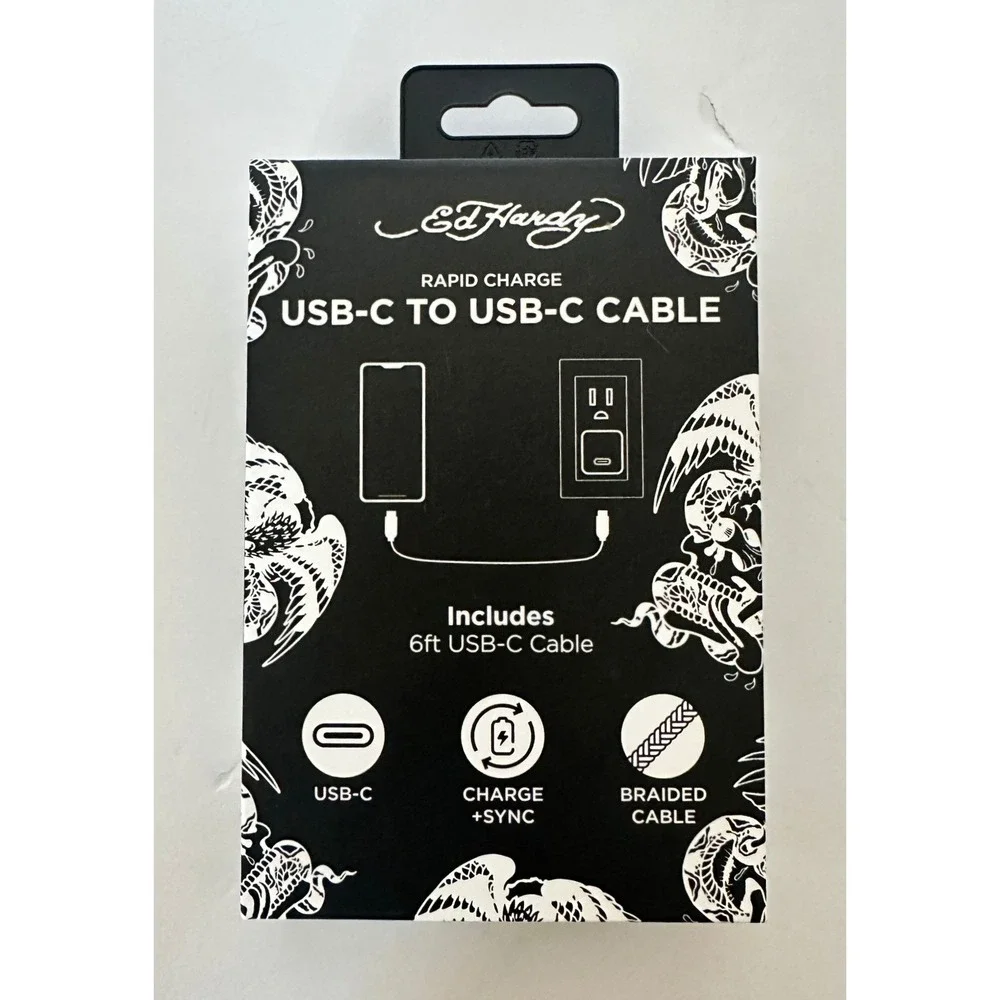 Ed Hardy USB-C to USB-C Charging Cable 6ft White Braided New PT0021EH-42